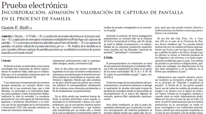 Doctrina – «Prueba electrónica: incorporación, admisión y valoración de capturas de pantalla en el proceso de familia.»