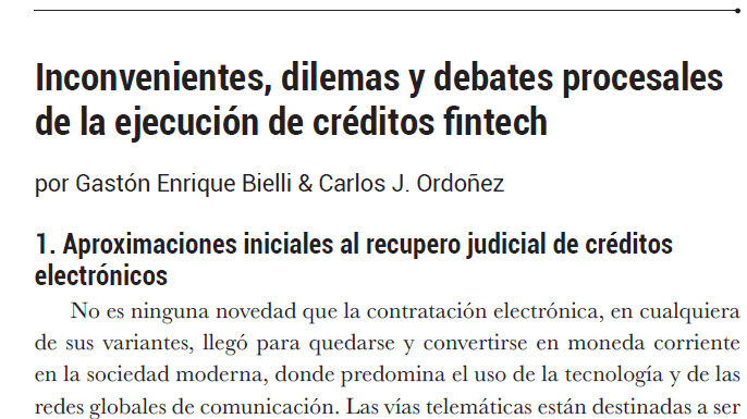 Doctrina – «Inconvenientes, dilemas y debates procesales de la ejecución de créditos Fintech».